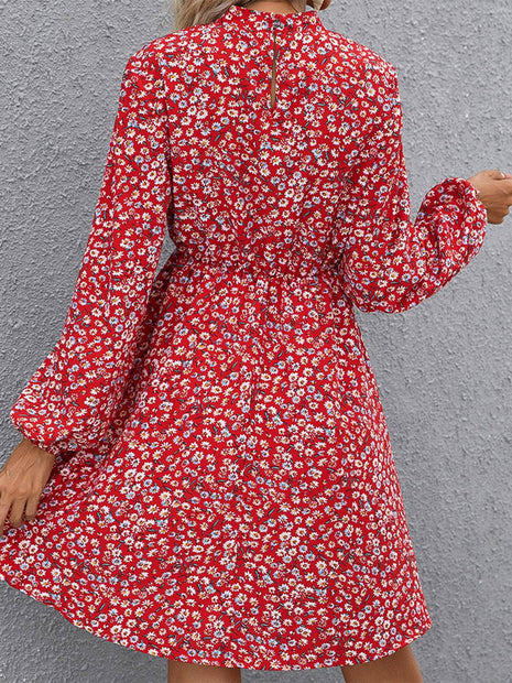 Floral Mock Neck Long Sleeve Dress - MimiStylez