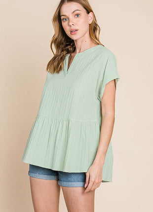 Cotton Bleu by Nu Lab Ruched Notched Short Sleeve Blouse - MimiStylez