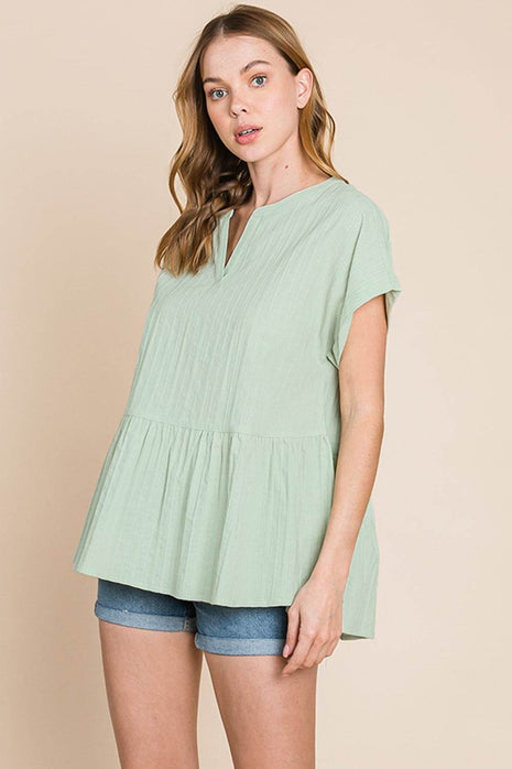 Cotton Bleu by Nu Lab Ruched Notched Short Sleeve Blouse - MimiStylez