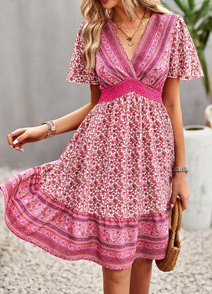 Floral Smocked Waist Short Sleeve Mini Dress - MimiStylez