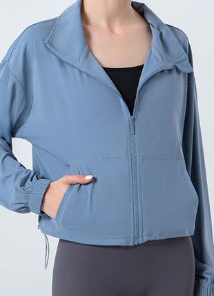 Drawstring Zip Up Dropped Shoulder Active Outerwear - MimiStylez
