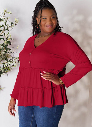 Double Take Half Button Long Sleeve Ruffle Hem Blouse - MimiStylez