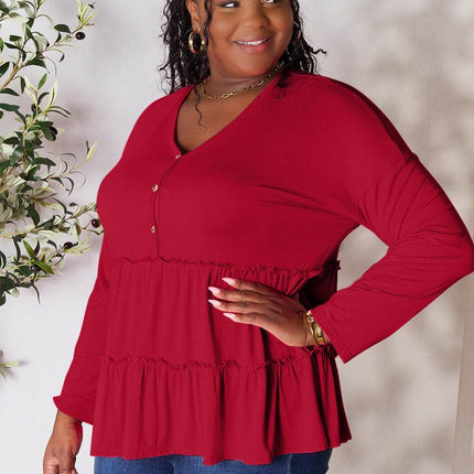 Double Take Half Button Long Sleeve Ruffle Hem Blouse - MimiStylez
