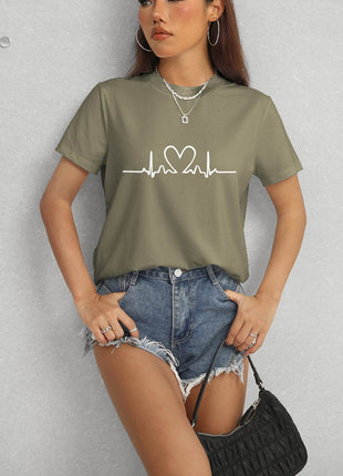 Heart Round Neck Short Sleeve T-Shirt - MimiStylez