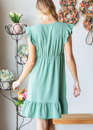 Heimish Full Size Short Sleeve V Neck Ruffled Hem Dress - MimiStylez