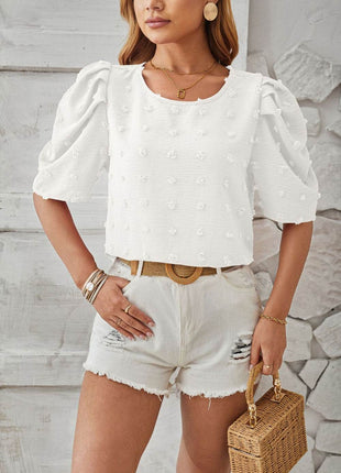 Swiss Dot Round Neck Short Sleeve Blouse - MimiStylez