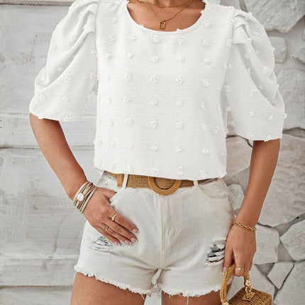 Swiss Dot Round Neck Short Sleeve Blouse - MimiStylez
