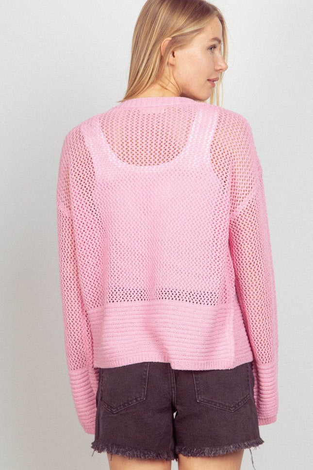 VERY J Eyelet Open Front Long Sleeve Cardigan - MimiStylez