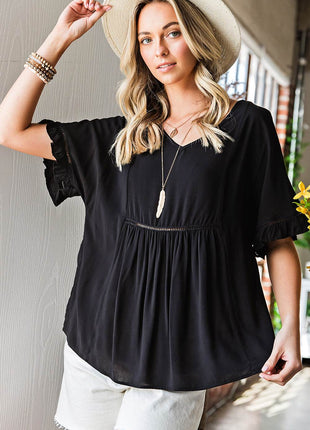V-Neck Flounce Sleeve Babydoll Blouse - MimiStylez