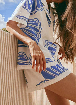 Printed Button Up Shirt and Shorts Set - MimiStylez