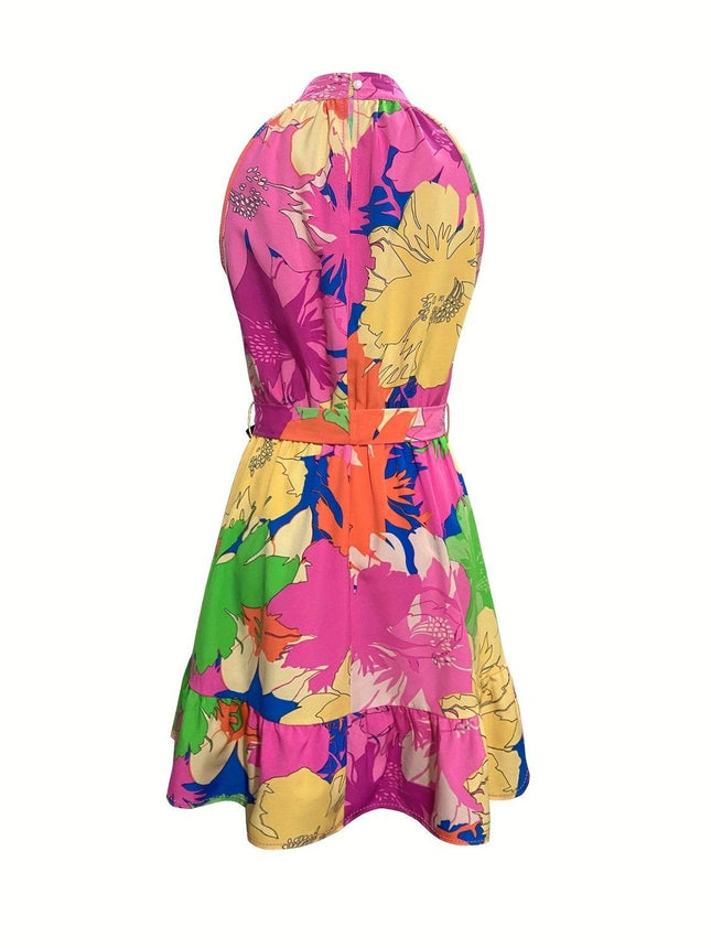 Tied Printed Mock Neck Sleeveless Dress - MimiStylez
