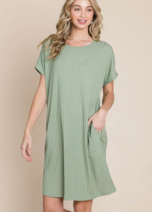 BOMBOM Ribbed Round Neck Short Sleeve Dress - MimiStylez