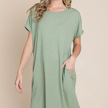 BOMBOM Ribbed Round Neck Short Sleeve Dress - MimiStylez