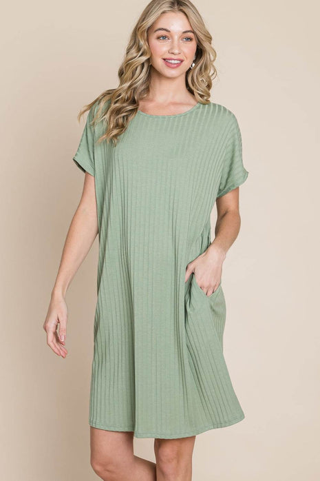 BOMBOM Ribbed Round Neck Short Sleeve Dress - MimiStylez