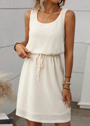 Waffle-Knit Drawstring Mini Tank Dress - MimiStylez