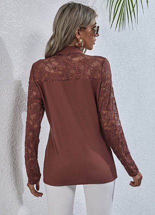 Tie Neck Spliced Lace Long Sleeve Top - MimiStylez