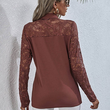 Tie Neck Spliced Lace Long Sleeve Top - MimiStylez