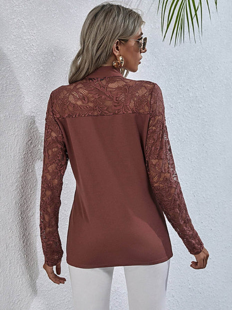 Tie Neck Spliced Lace Long Sleeve Top - MimiStylez