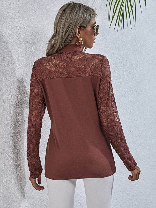Tie Neck Spliced Lace Long Sleeve Top - MimiStylez