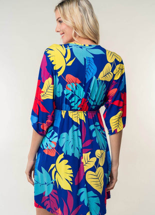 White Birch Full Size Printed V-Neck Mini Dress - MimiStylez