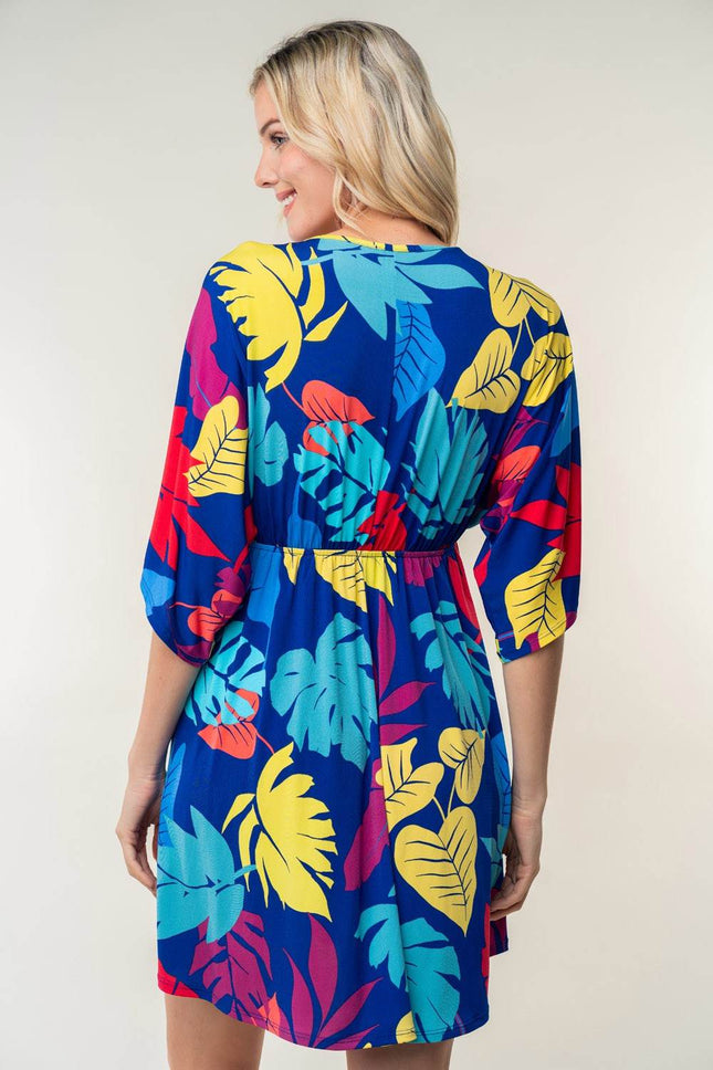 White Birch Full Size Printed V-Neck Mini Dress - MimiStylez