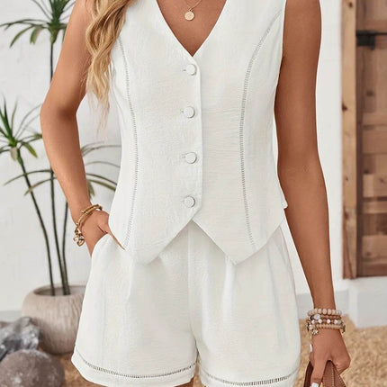 Button Up Vest and Shorts Set - MimiStylez