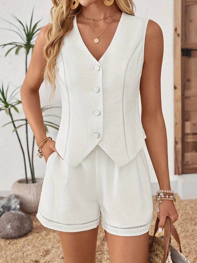 Button Up Vest and Shorts Set - MimiStylez