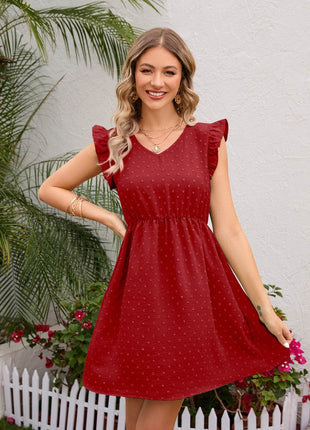 Swiss Dot Ruffled V-Neck Dress - MimiStylez