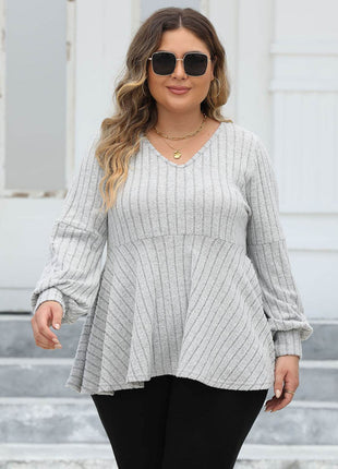 Plus Size Ribbed V-Neck Long Sleeve Blouse - MimiStylez