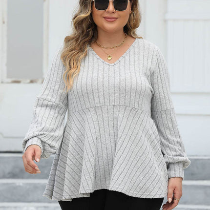 Plus Size Ribbed V-Neck Long Sleeve Blouse - MimiStylez
