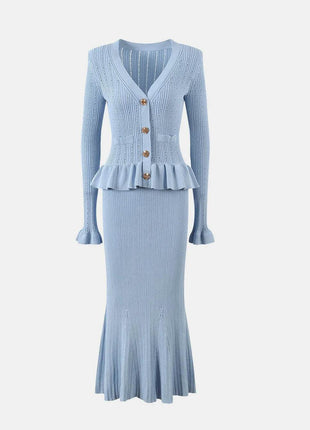 Ruffled V-Neck Top and Midi Skirt Sweater Set - MimiStylez