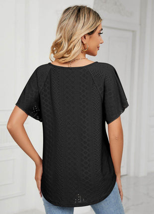 Eyelet Tie-Neck Flutter Sleeve Top - MimiStylez