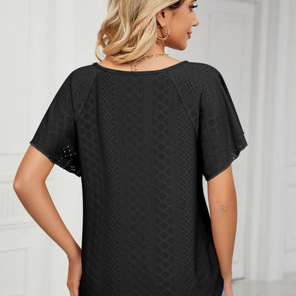 Eyelet Tie-Neck Flutter Sleeve Top - MimiStylez