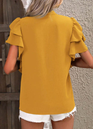 Ruffled Notched Short Sleeve Blouse - MimiStylez