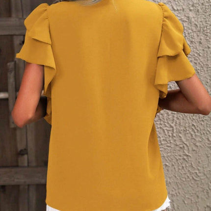 Ruffled Notched Short Sleeve Blouse - MimiStylez