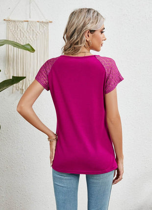 Lace Detail Round Neck Short Sleeve T-Shirt - MimiStylez