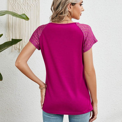 Lace Detail Round Neck Short Sleeve T-Shirt - MimiStylez