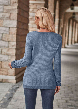 Half-Zip V-Neck Long Sleeve Top - MimiStylez
