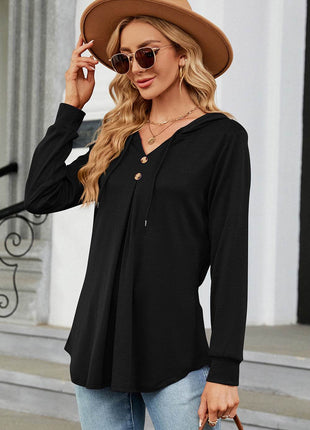 Decorative Button Drawstring Long Sleeve Hoodie - MimiStylez