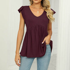 V-Neck Flutter Sleeve Babydoll Blouse - MimiStylez