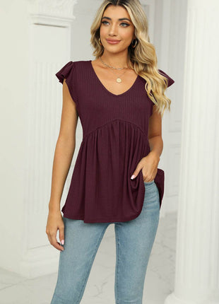 V-Neck Flutter Sleeve Babydoll Blouse - MimiStylez
