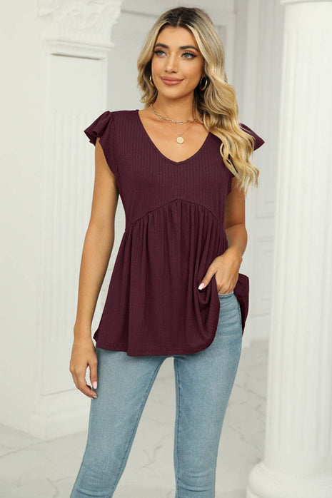 V-Neck Flutter Sleeve Babydoll Blouse - MimiStylez