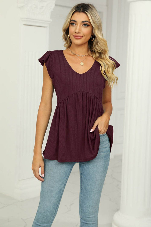 V-Neck Flutter Sleeve Babydoll Blouse - MimiStylez
