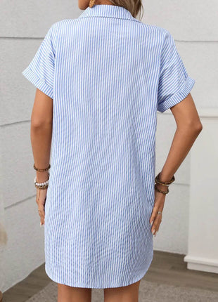 Striped Button Down Short Sleeve Mini Dress - MimiStylez
