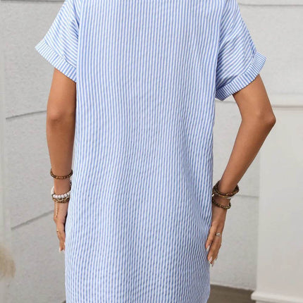 Striped Button Down Short Sleeve Mini Dress - MimiStylez