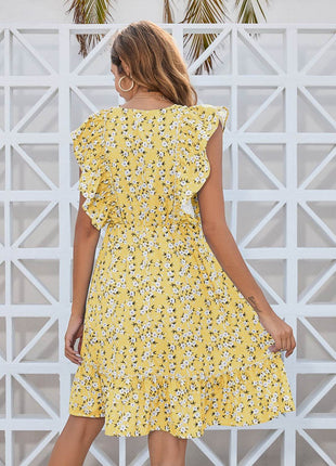 Ruffled Ditsy Floral Surplice Mini Dress - MimiStylez