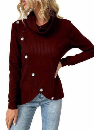 Decorative Button Turtleneck Long Sleeve T-Shirt - MimiStylez
