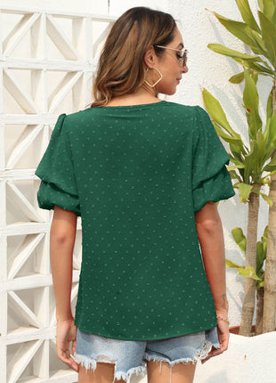 Swiss Dot V-Neck Short Sleeve Blouse - MimiStylez