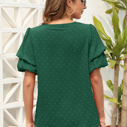 Swiss Dot V-Neck Short Sleeve Blouse - MimiStylez