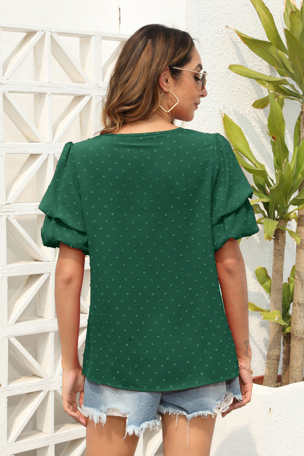 Swiss Dot V-Neck Short Sleeve Blouse